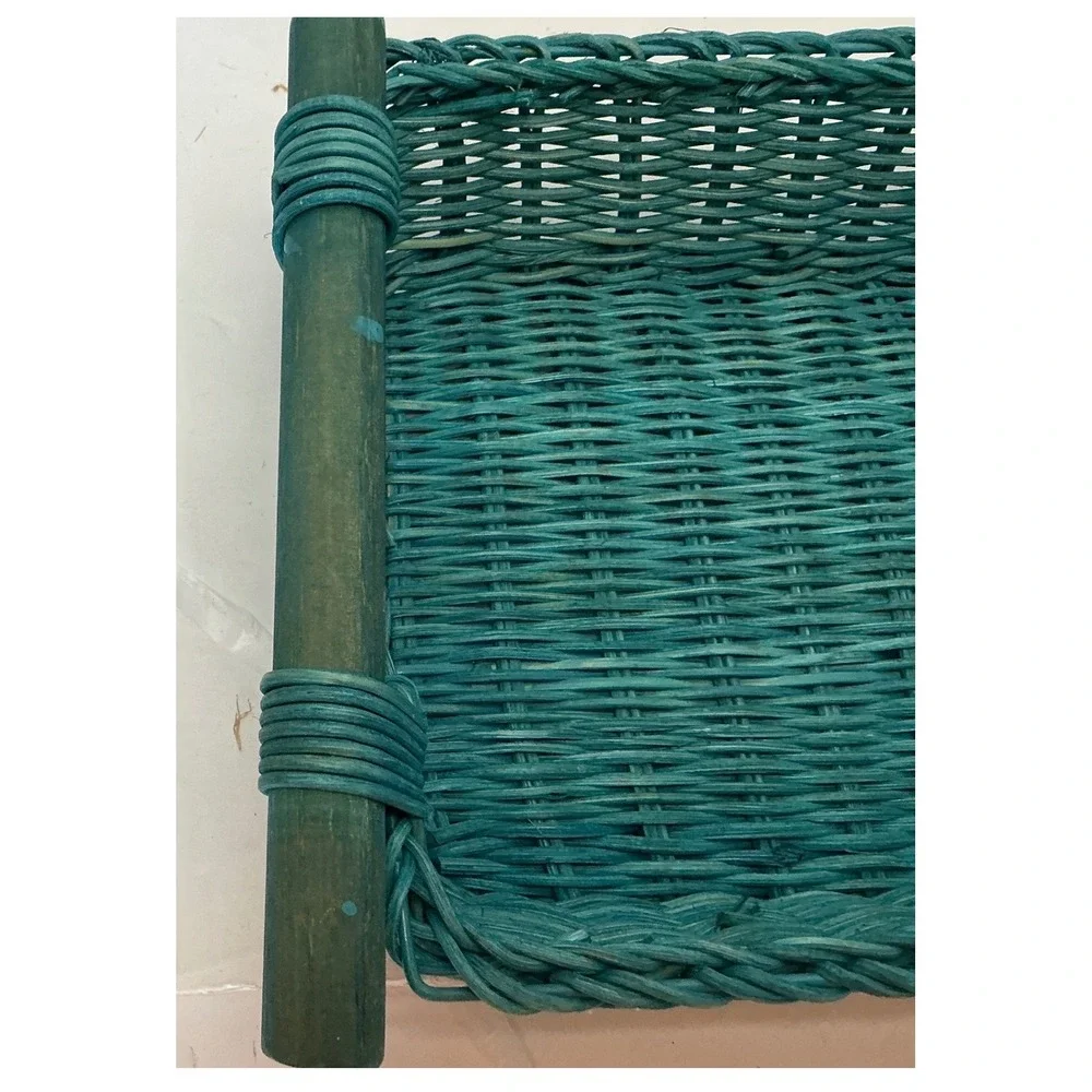 Vintage Wicker Basket Teal Woven Wood Handles 11x8 Cottagecore